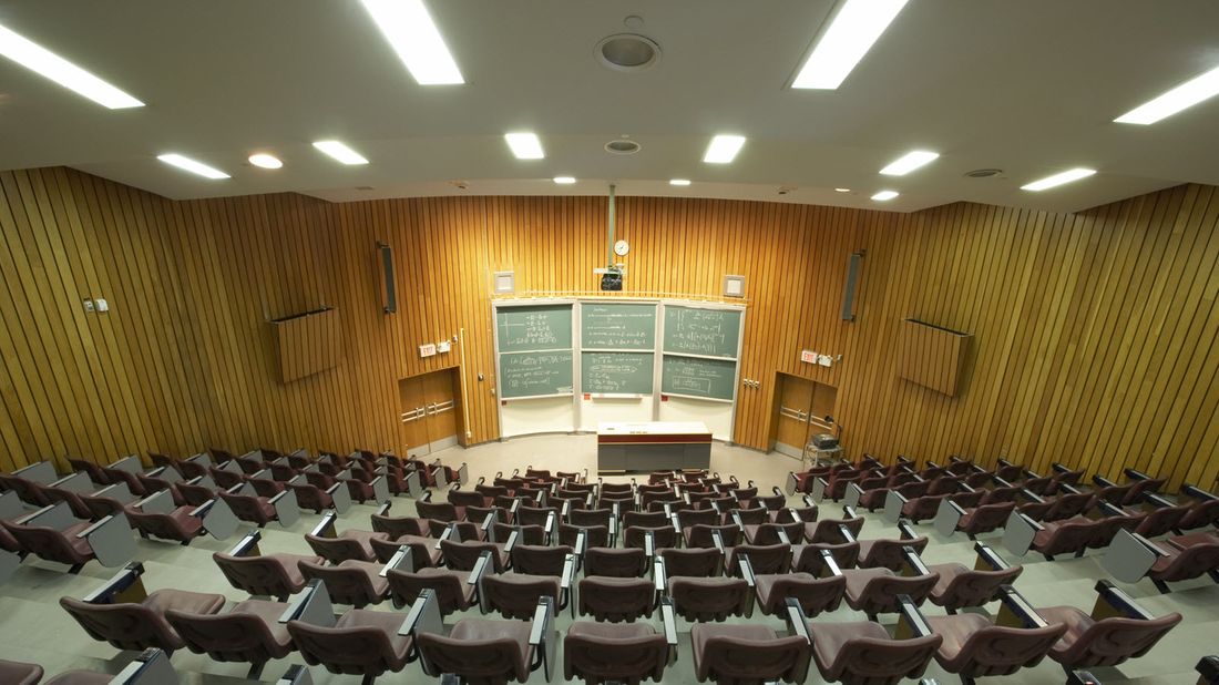 An empty lecture hall on a college campus