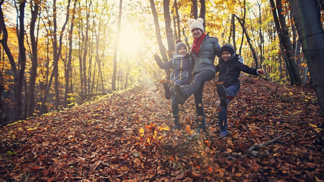 woman enjoying her PTO with kids in autumn forest