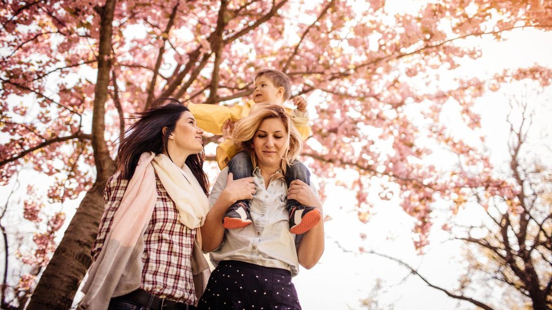 lesbian couple with adopted child piggybacking under cherry tree