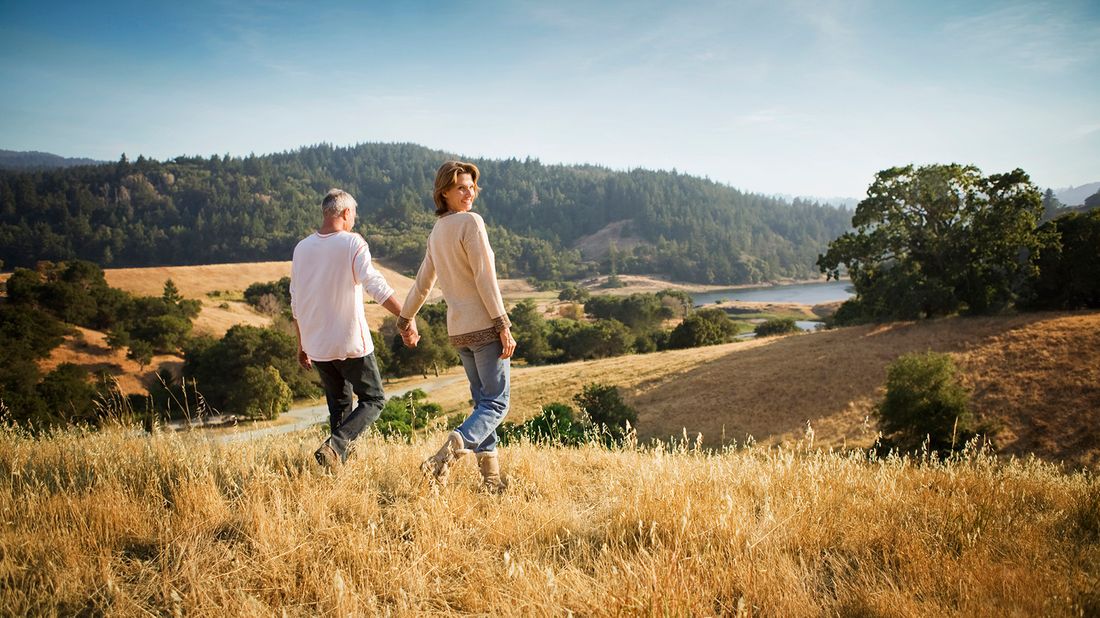 couple walking in field holding hands