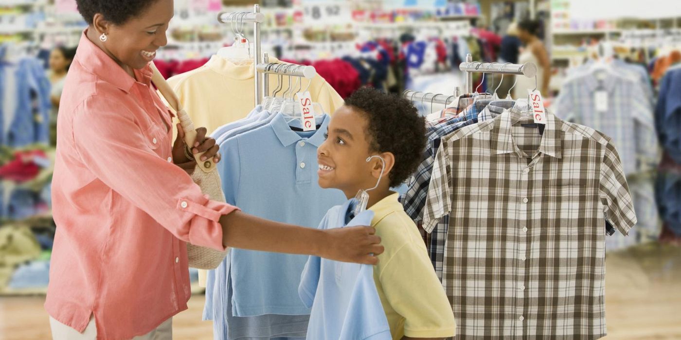 mother and son shopping August buy skip