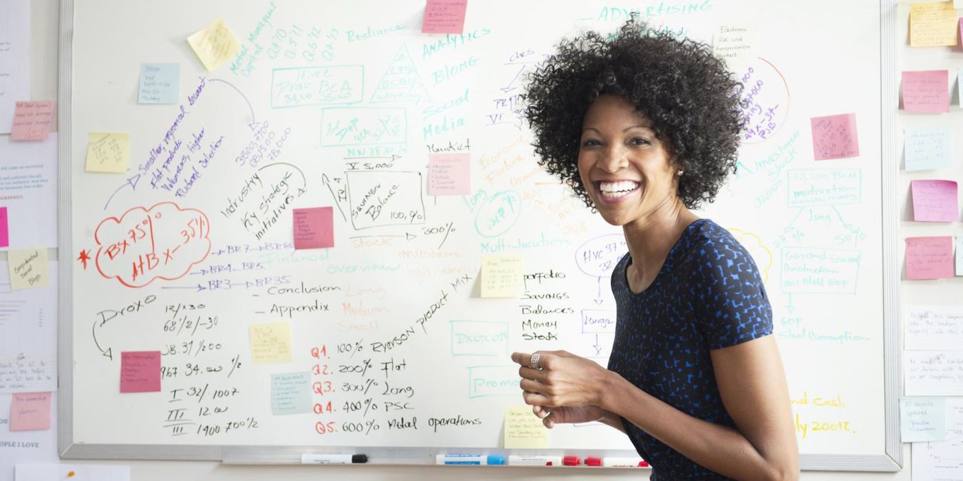 woman standing in front of a white board