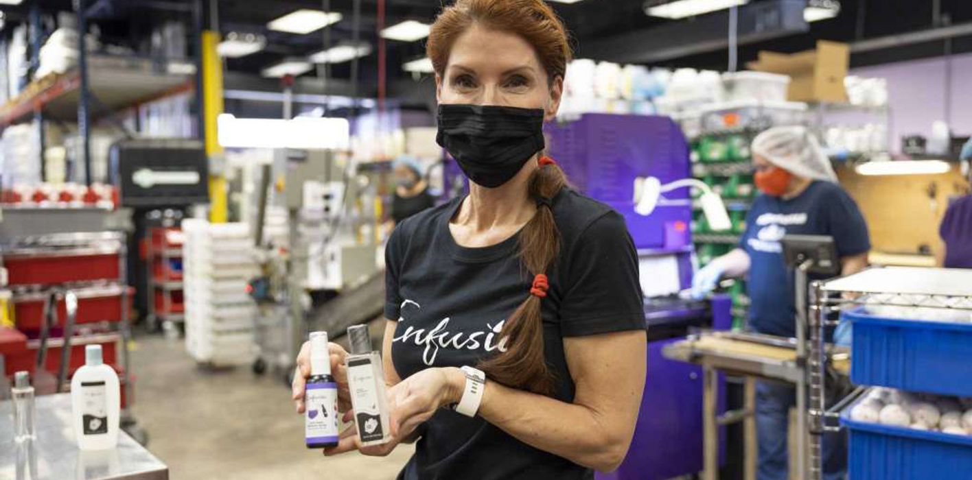 Debra Myers wearing face mask at Enfusia