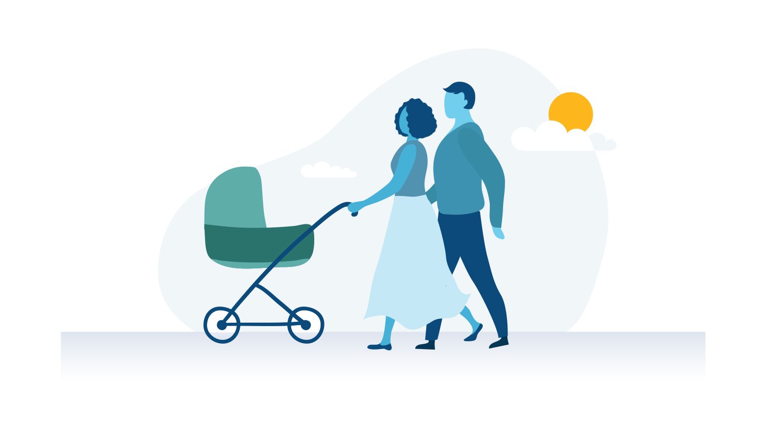 New parents pushing a baby carriage