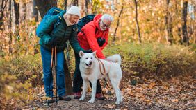 retired-couple-walking-dog-in-autumn