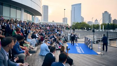 Northwestern Mutual intern conference by the lake, smiling