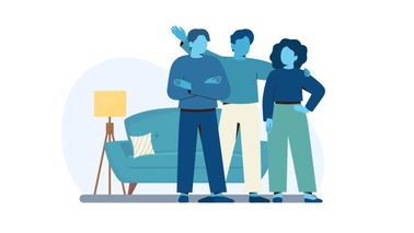 graphic illustrations of 3 friends in a room