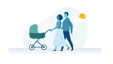 New parents pushing a baby carriage 