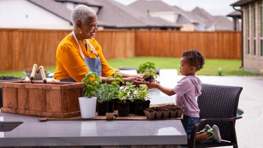 Grandmother gardening with her grandson