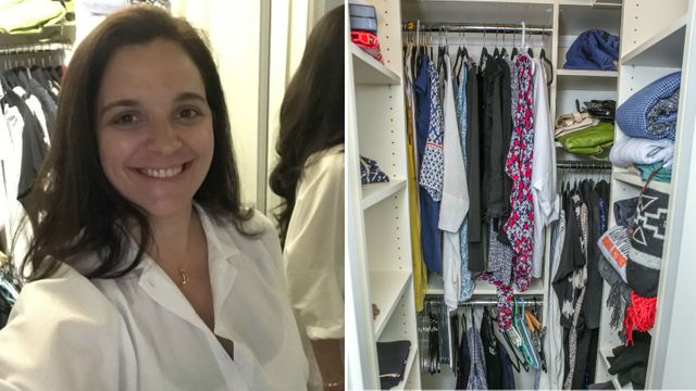 The author in her favorite shirt of all time, from Meg Shops (this one made the cut), plus her newly cleaned-out closet. (Natalia Bougadellis/Coverd Photo)