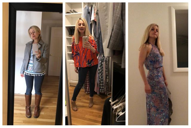 Marisa trying on her Rent the Runway outfits.