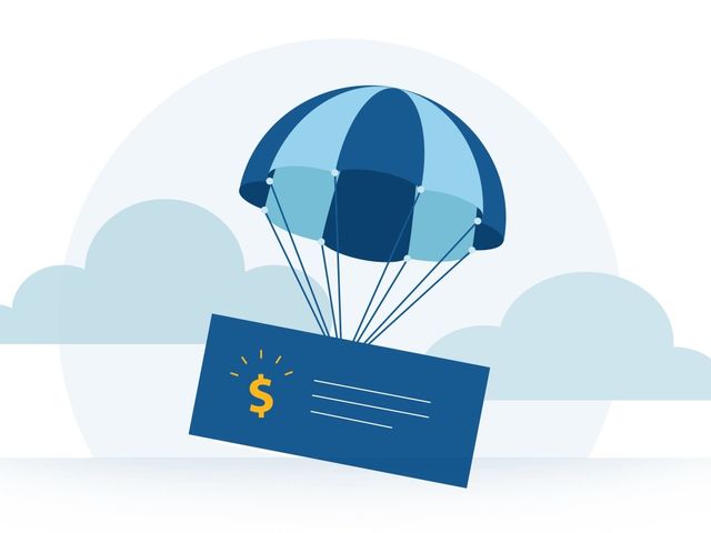 Illustration of a paycheck with a parachute attached. 