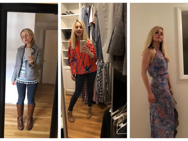 Marisa trying on her Rent the Runway outfits.