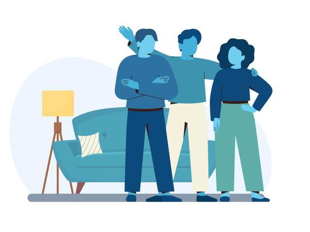graphic illustrations of 3 friends in a room