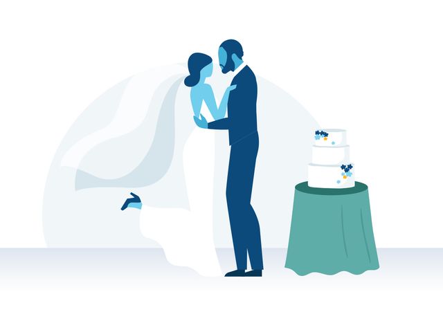 Graphic of a couple embracing on their wedding day