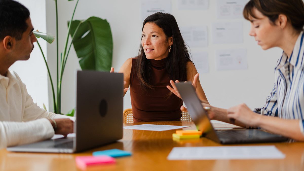 Financial professionals conduct team meeting in sunlit office
