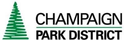 Logo for the Champaign Park District showing an illustrated evergreen tree and black text.