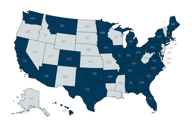 Map of US showing states served by Wallace Financial