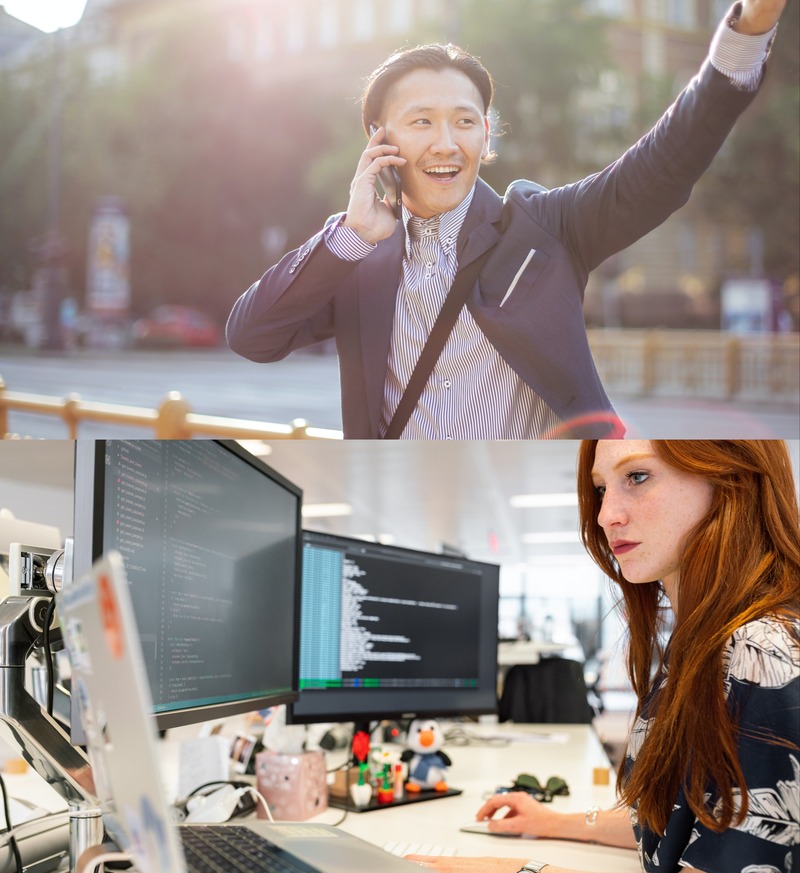 An asian male software engineer smiles, enjoying financial freedom. A woman software engineer works at her desk. 
