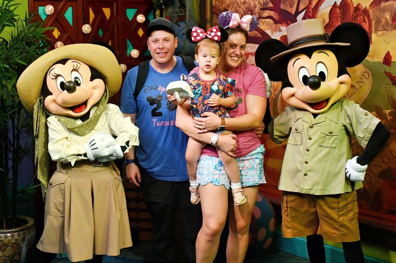 Stephanie, Zachary, and Amelia meeting Mickey Mouse and Minnie Mouse at Disney World Animal Kingdom