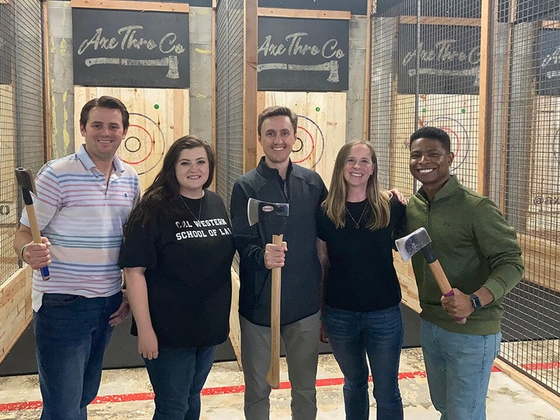 Nick, Nicole, David, Jen, and Wayne at an axe-throwing venue