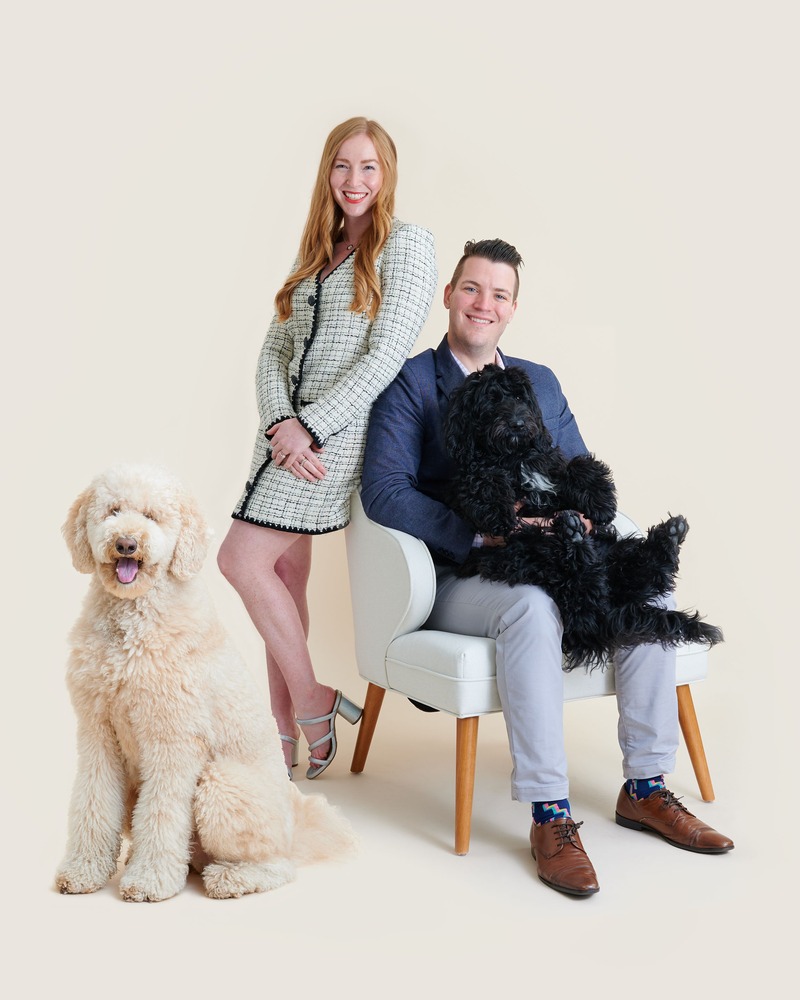Sarah, Her Husband John, and their two pups Cannoli and Valentino