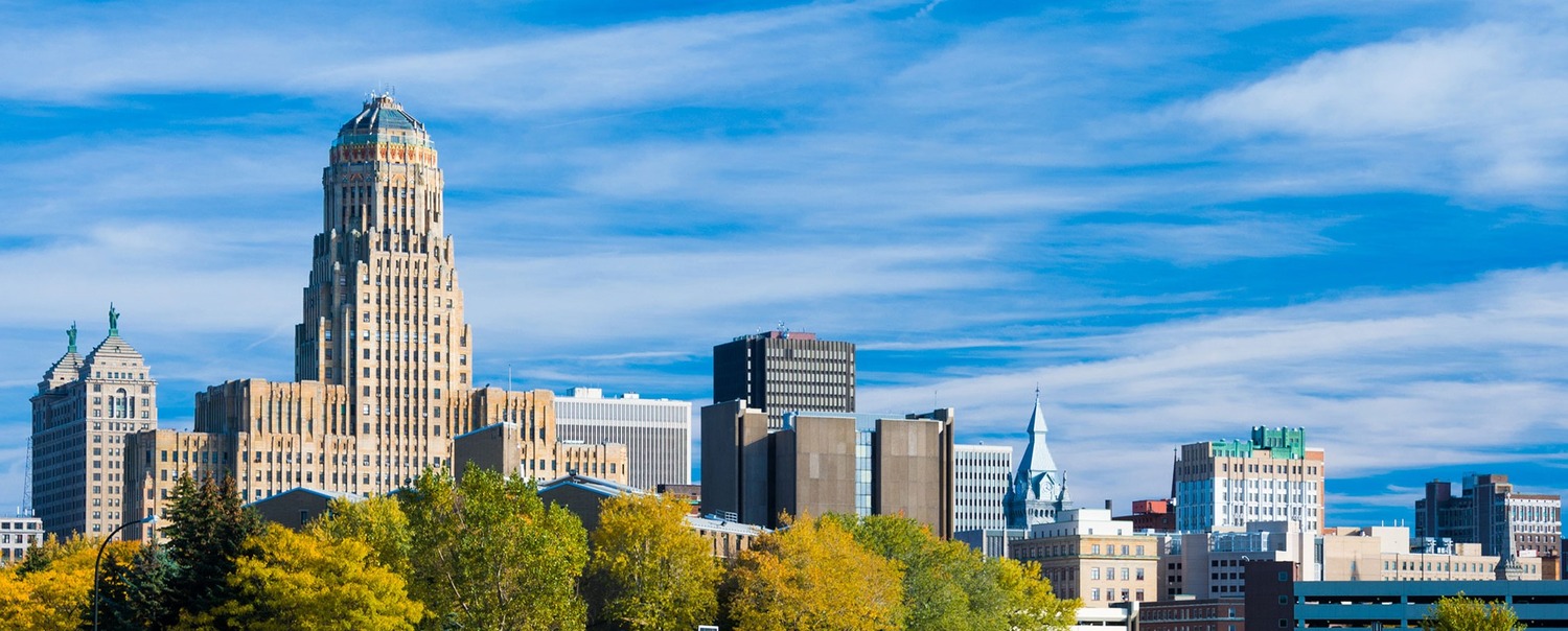 Downtown Buffalo skyline from a park during Autumn, with many clouds in the sky. The building to the left is Buffalo City Hal