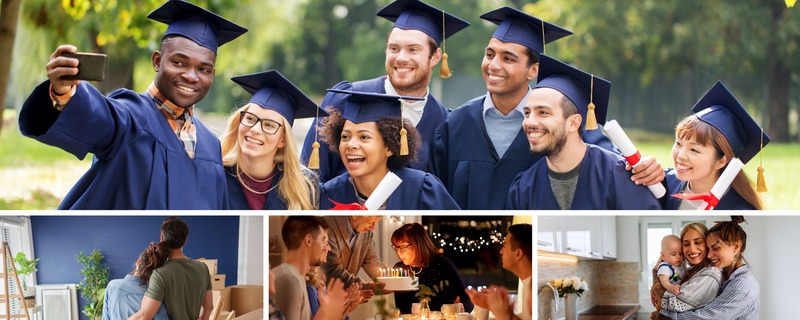 Image grid with an image of people at major life milestones: graduating, buying a home, retiring, starting a family. 