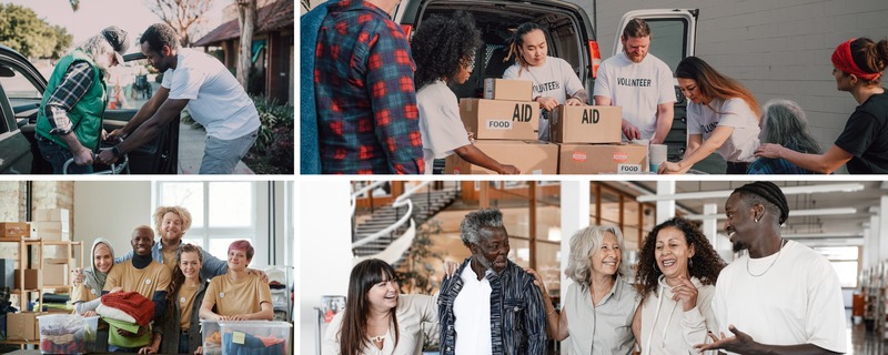 Image gride with four photos featuring diverse groups of people offering community aid and working as a team.