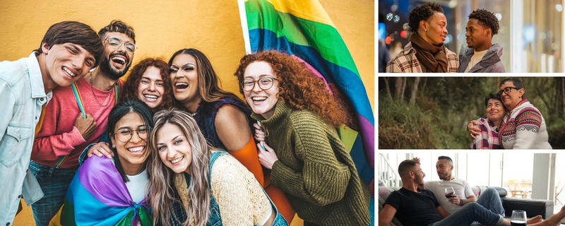 Image gride with an image of diverse LGBTQ+ people, a young black gay couple, a middle-lesbian couple, and a gay male couple.